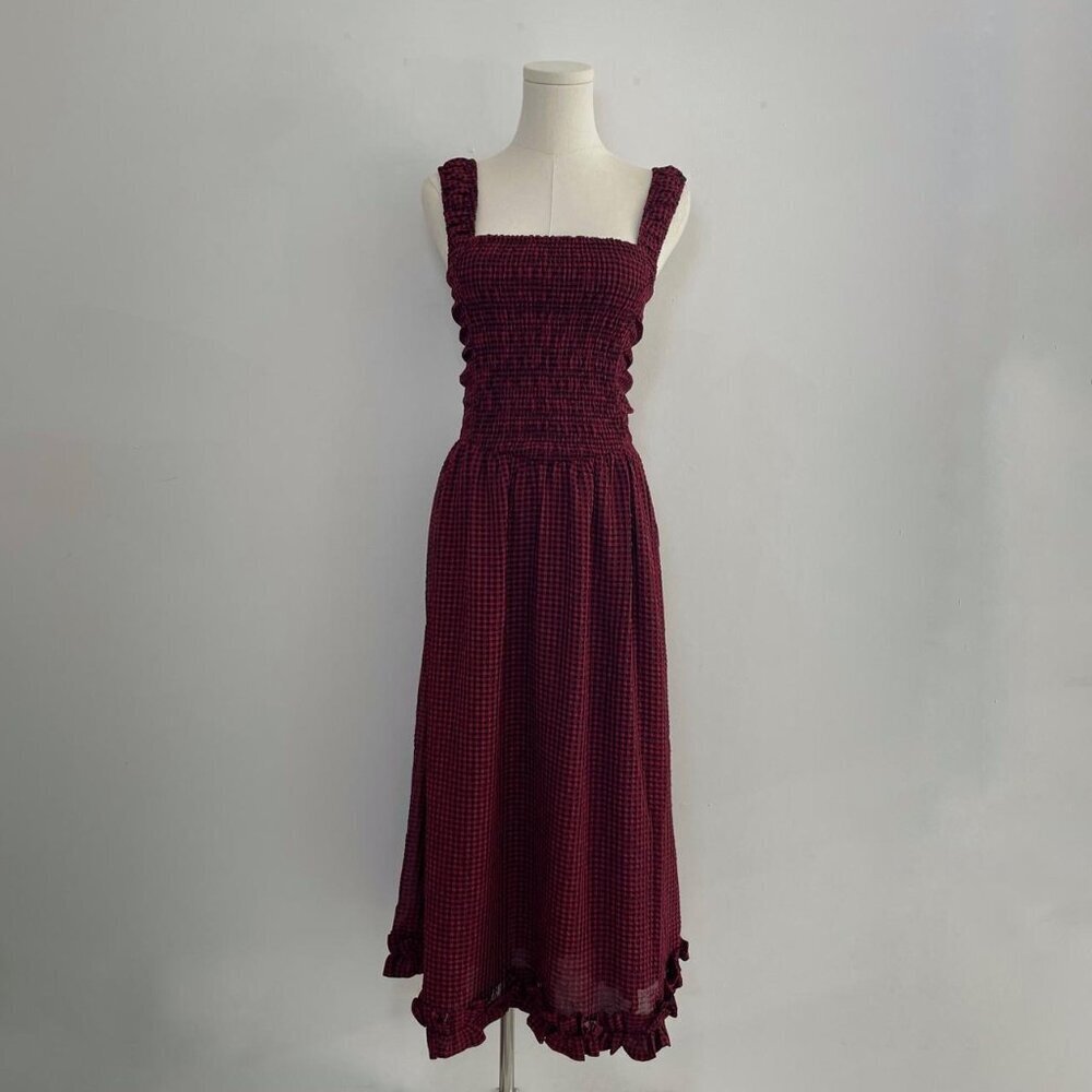 Ganni Sheer Fluid Check Midi Strap Smock Dress | Wine Red | Women’s Size Small